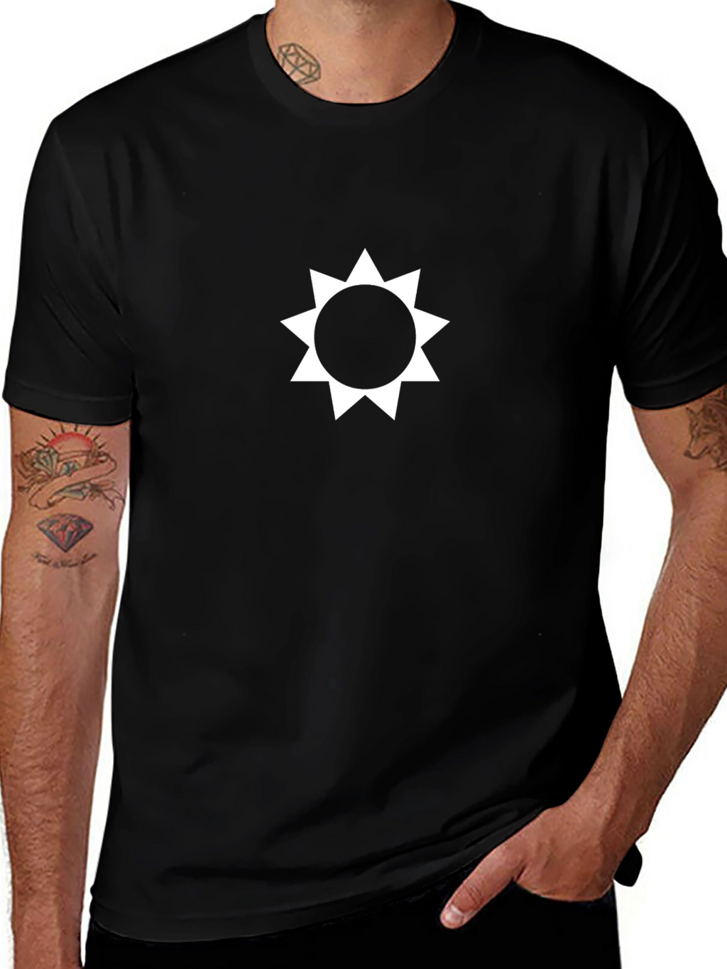 Black T-Shirt with White Sun Graphic