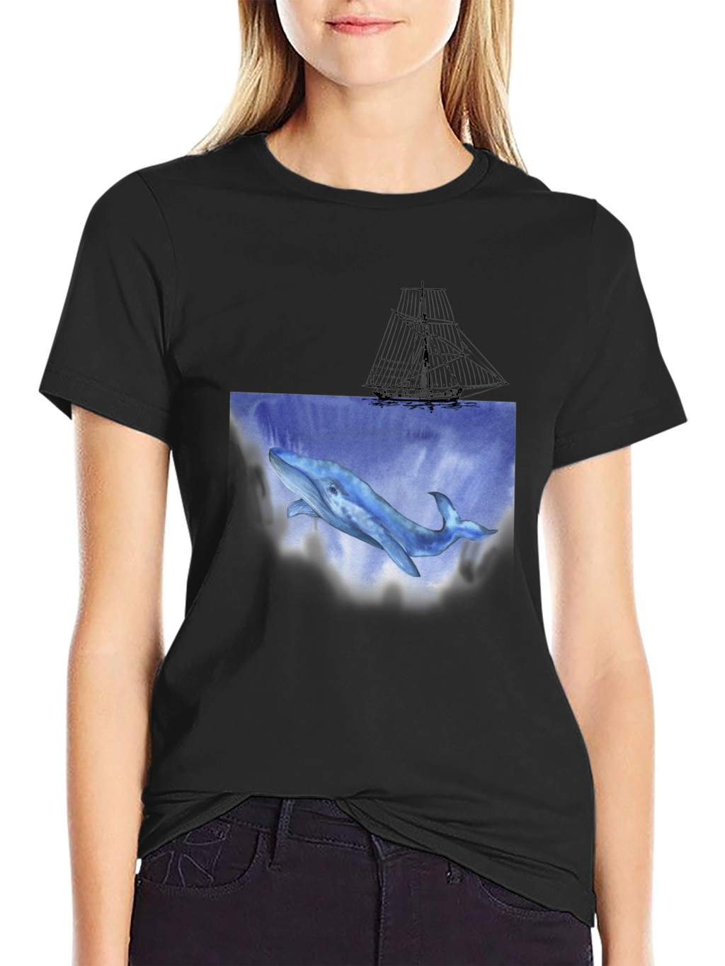Whale & Ship Graphic Black T-Shirt