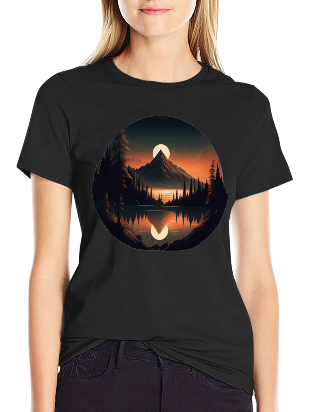 Mountain Lake Sunset Graphic Tee - Black