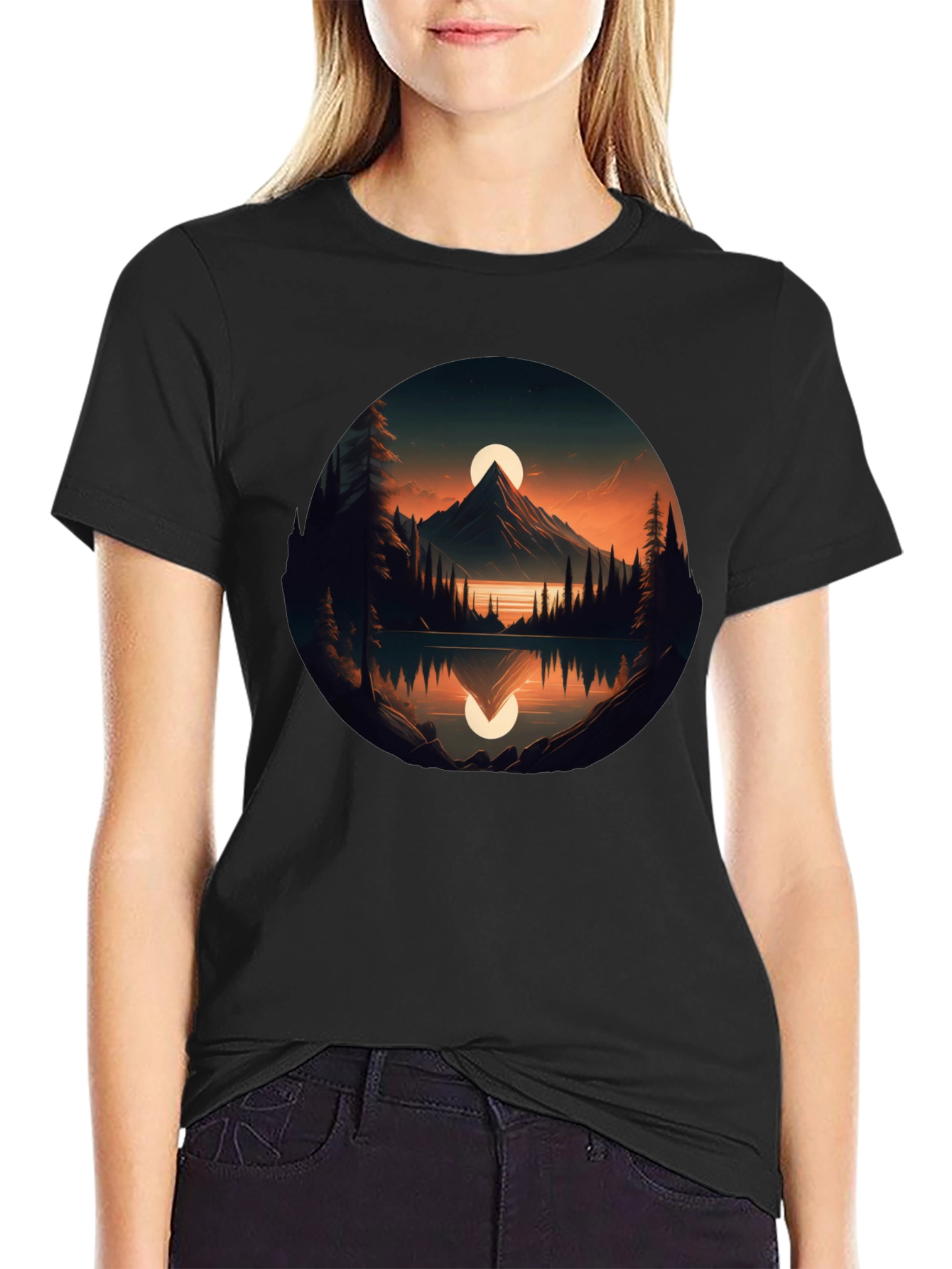 Mountain Lake Sunset Graphic Tee - Black