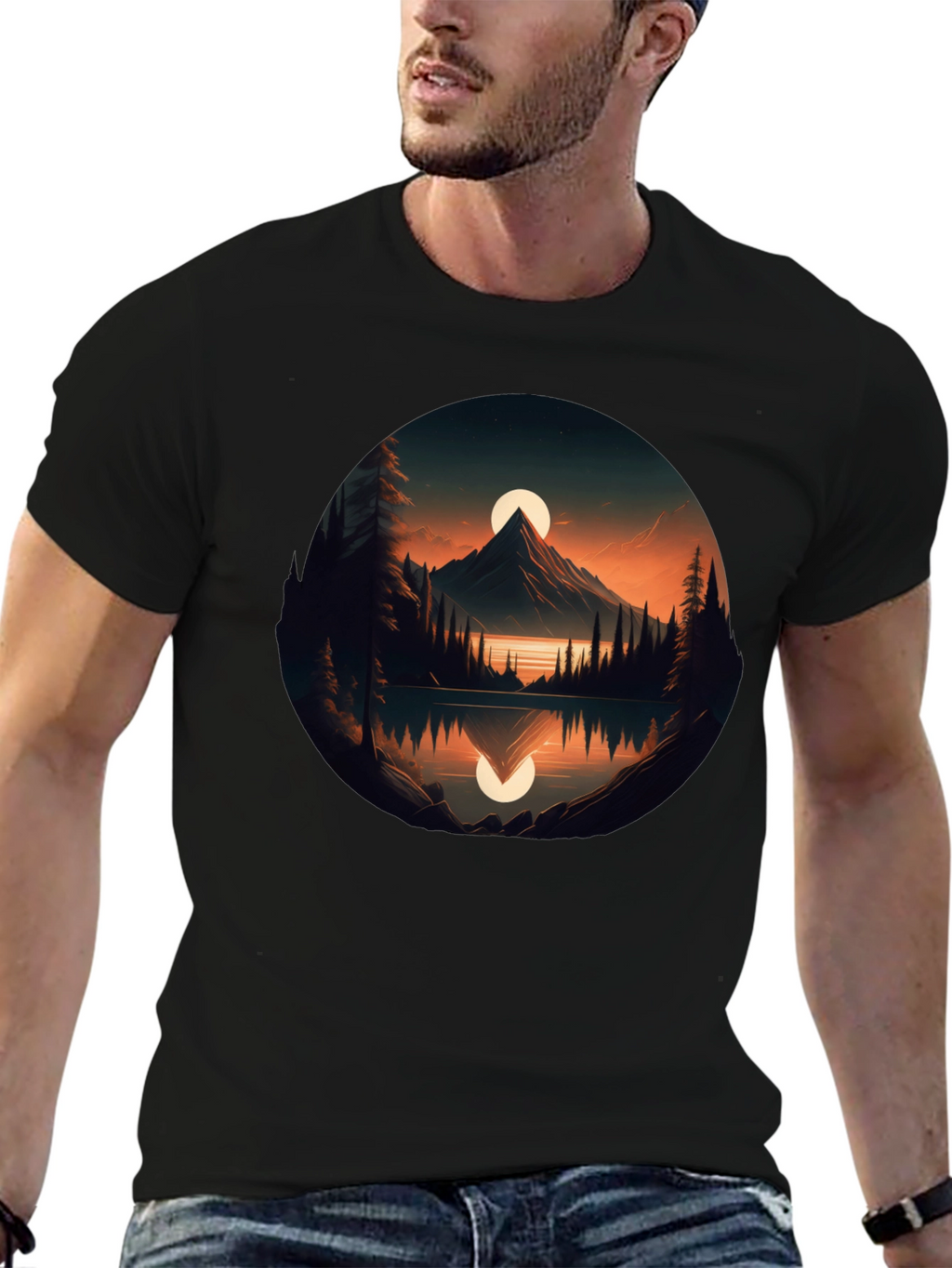 Mountain Lake Sunset Graphic Tee - Black