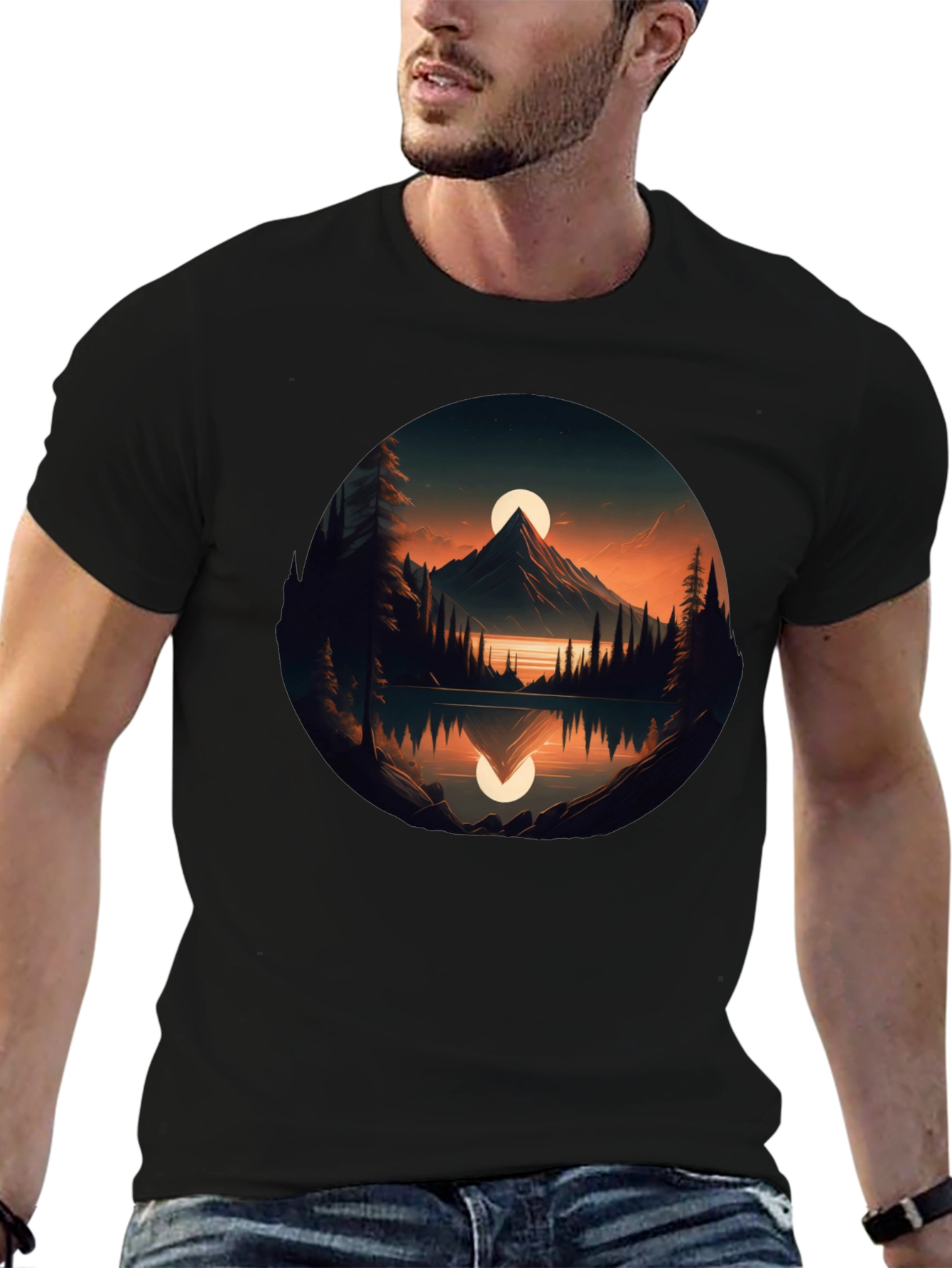 Mountain Lake Sunset Graphic Tee - Black