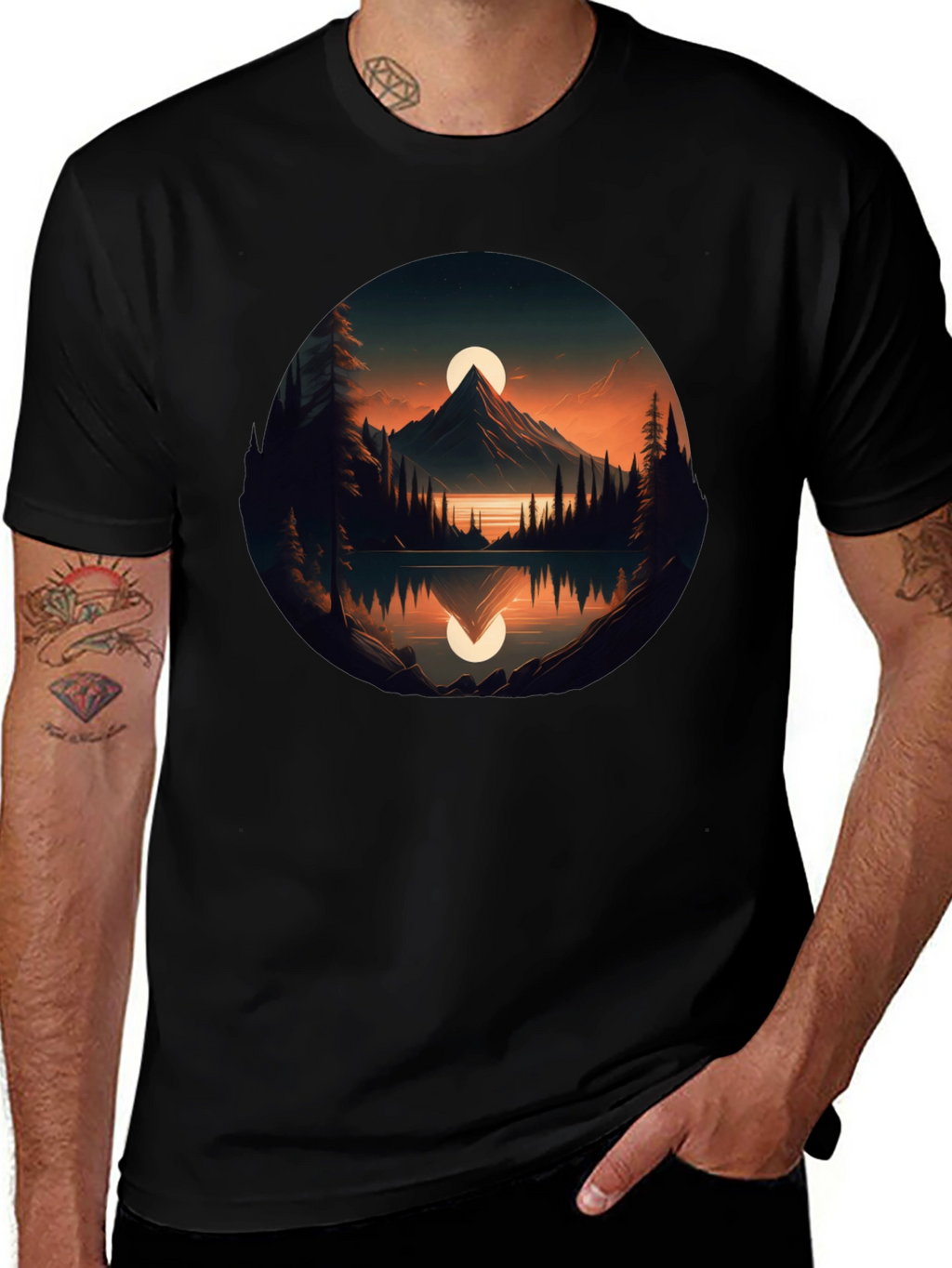 Mountain Lake Sunset Graphic Tee - Black