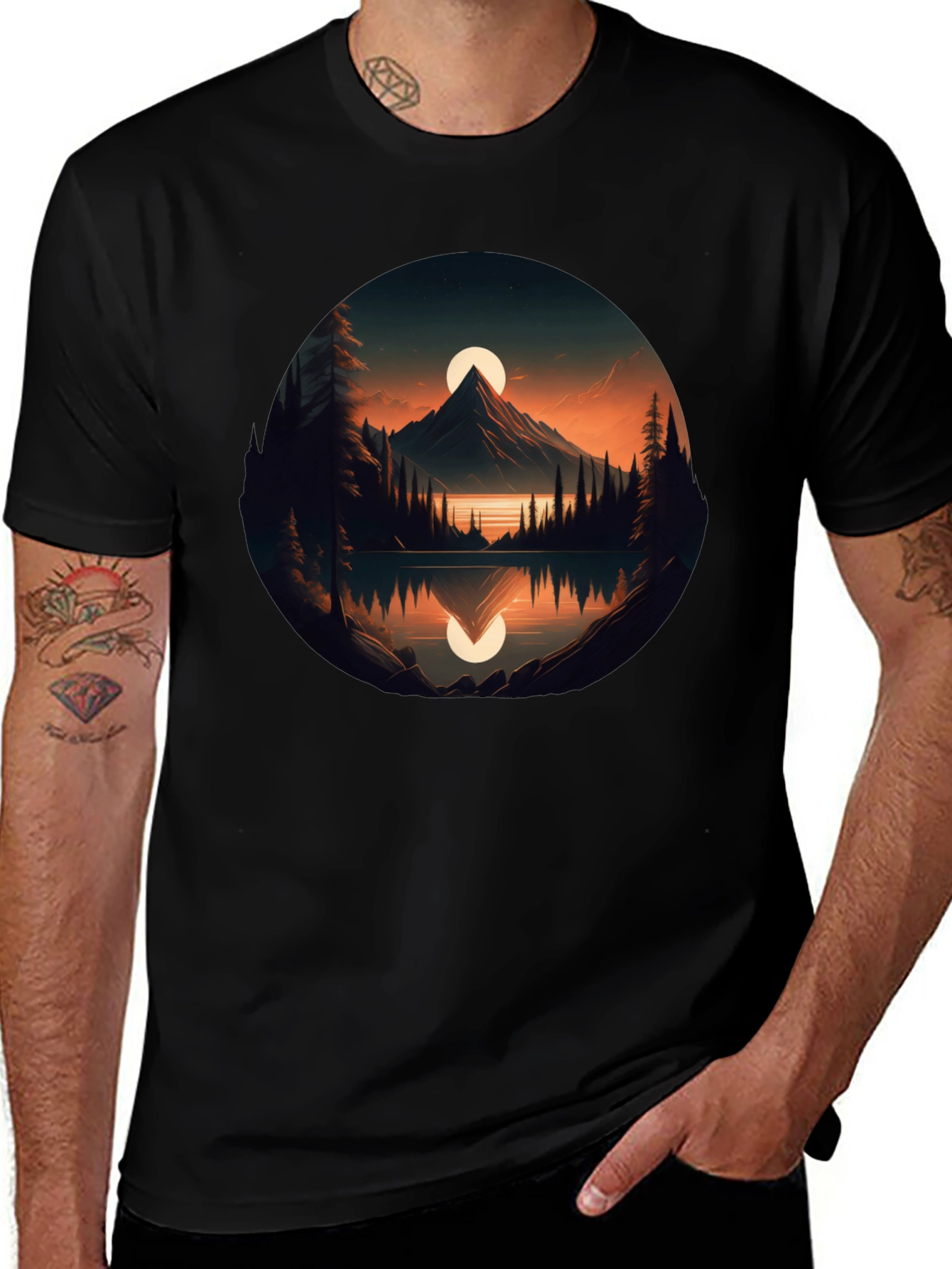 Mountain Lake Sunset Graphic Tee - Black