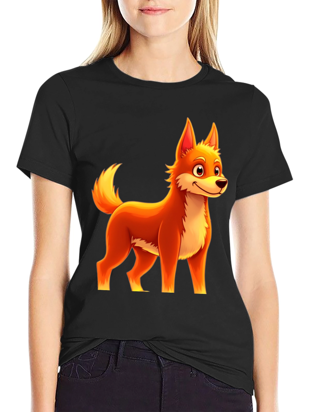 Cartoon Fox Graphic Tee - Black