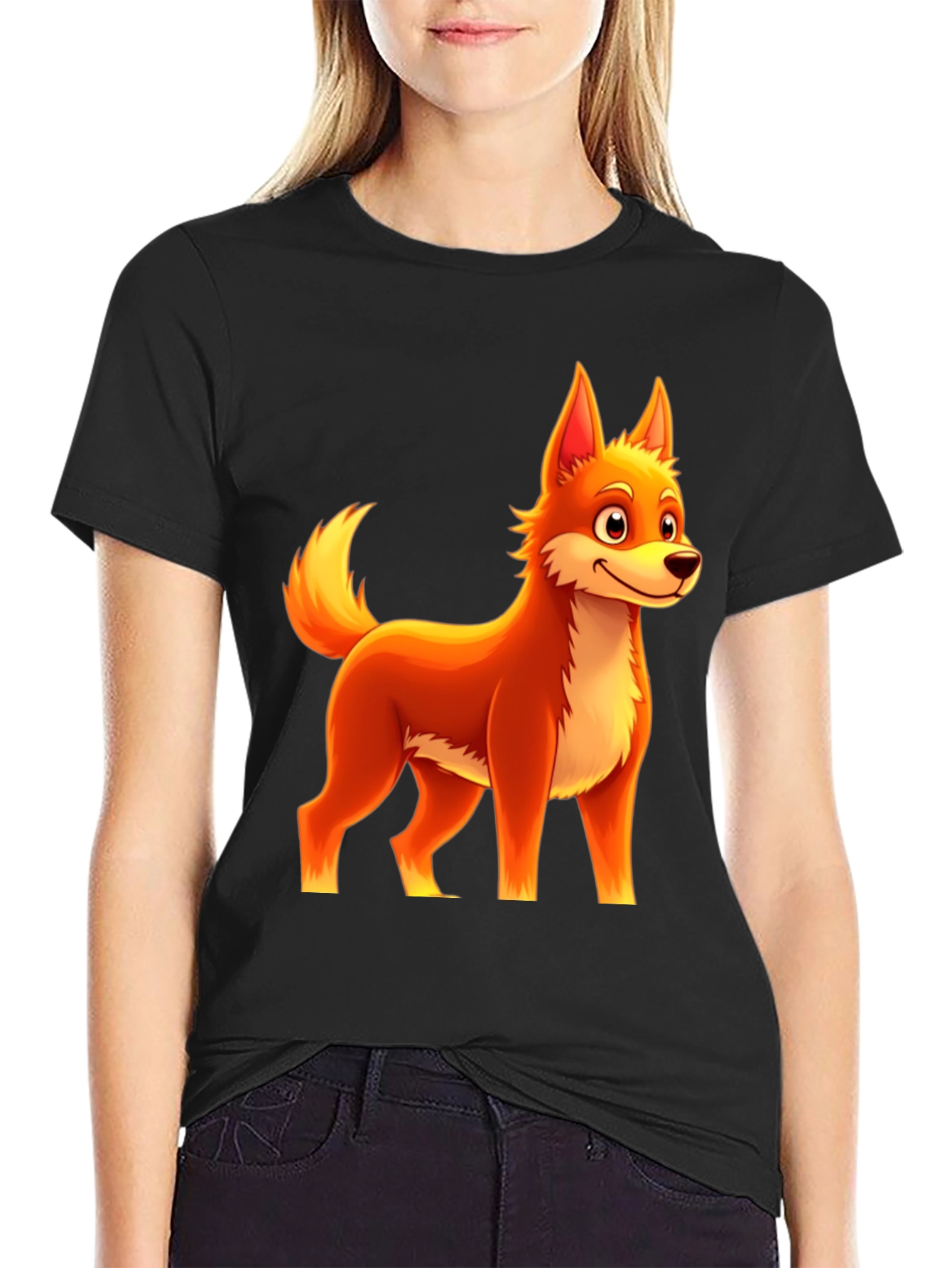 Cartoon Fox Graphic Tee - Black