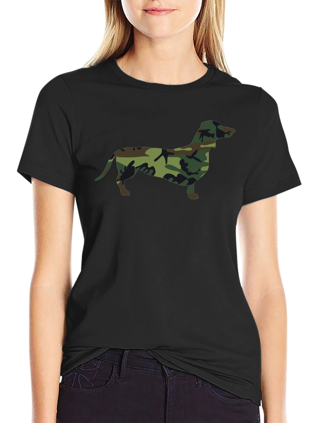 Camo Dachshund Print Black T-Shirt