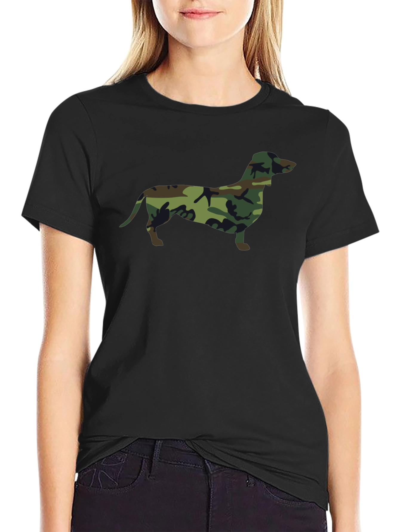 Camo Dachshund Print Black T-Shirt
