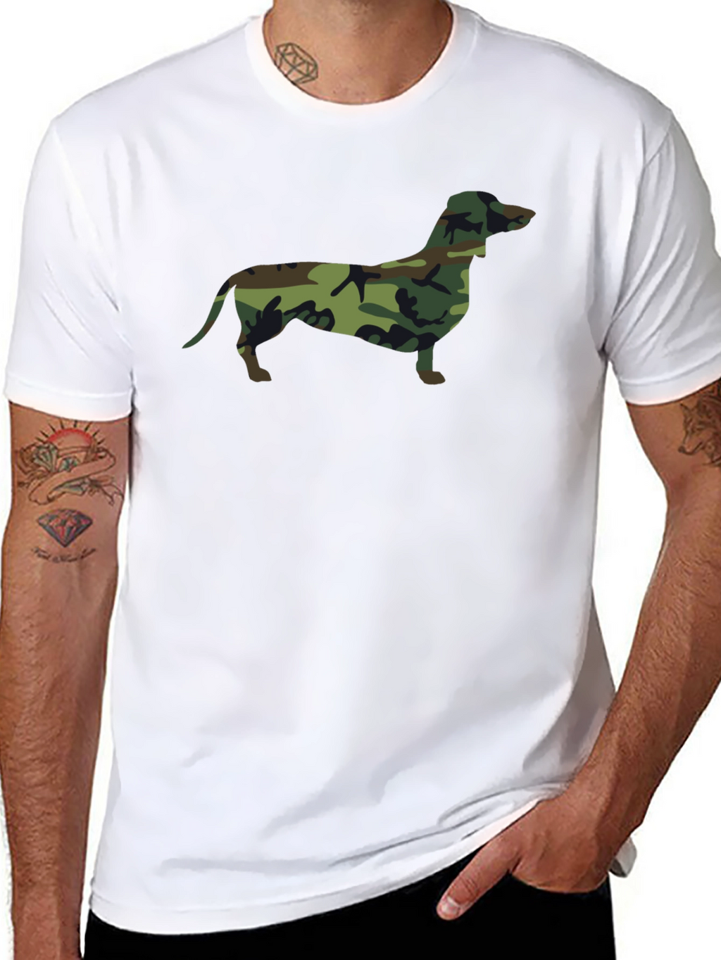 Camo Dachshund Print Black T-Shirt