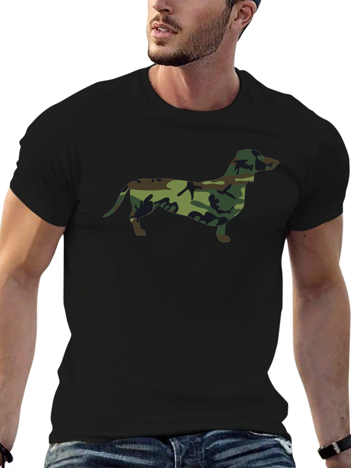 Camo Dachshund Print Black T-Shirt