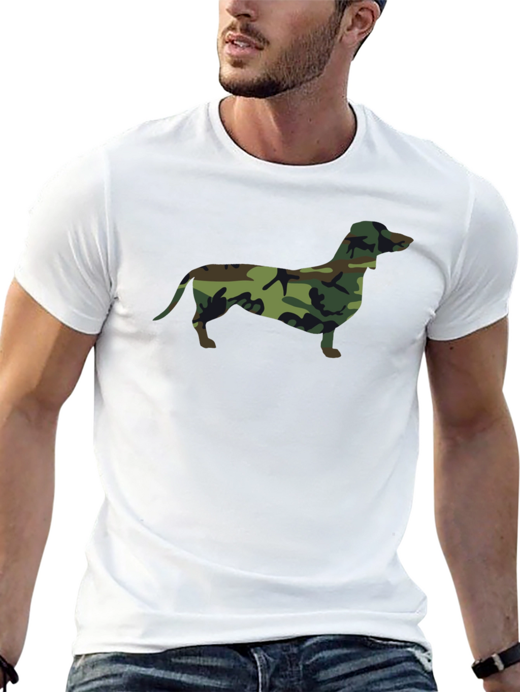 Camo Dachshund Print Black T-Shirt