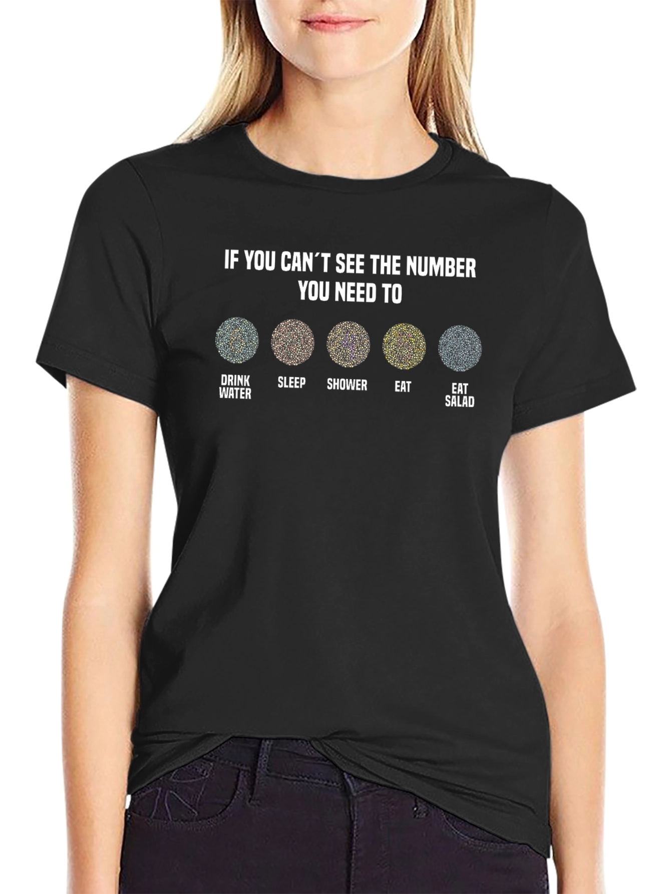 Humorous Ishihara Test T-Shirt - Drink Sleep Shower Eat