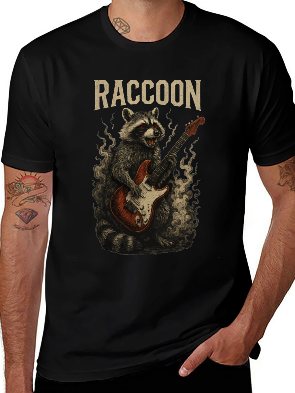 Raccoon Rocker T-Shirt - Guitar Playing Animal Tee