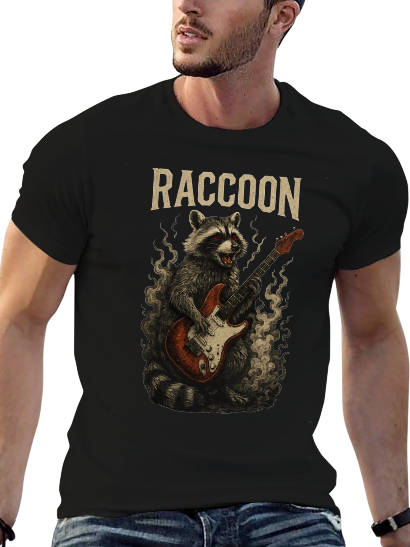 Raccoon Rocker T-Shirt - Guitar Playing Animal Tee