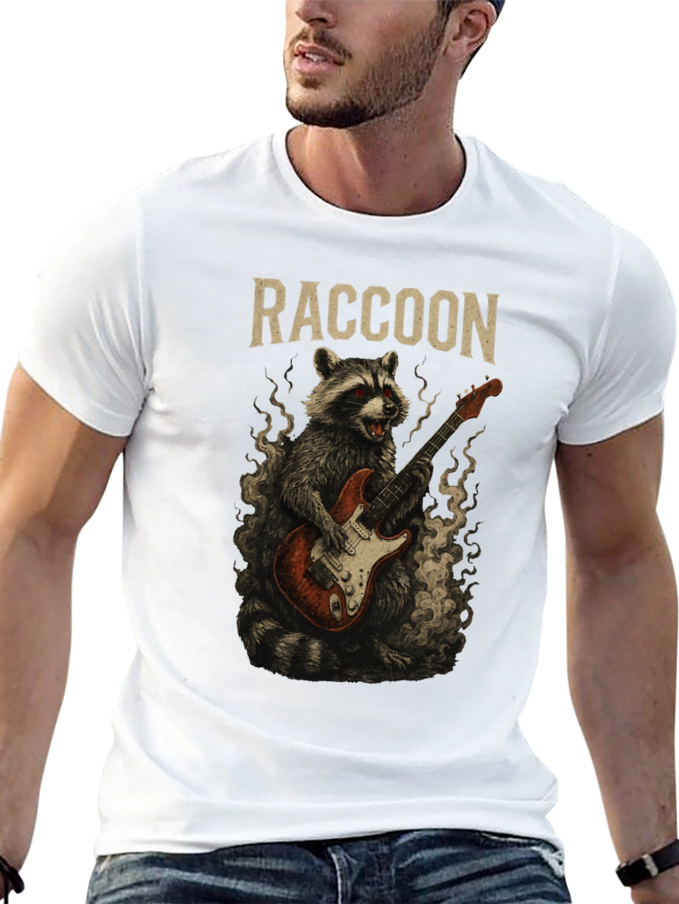 Raccoon Rocker T-Shirt - Guitar Playing Animal Tee