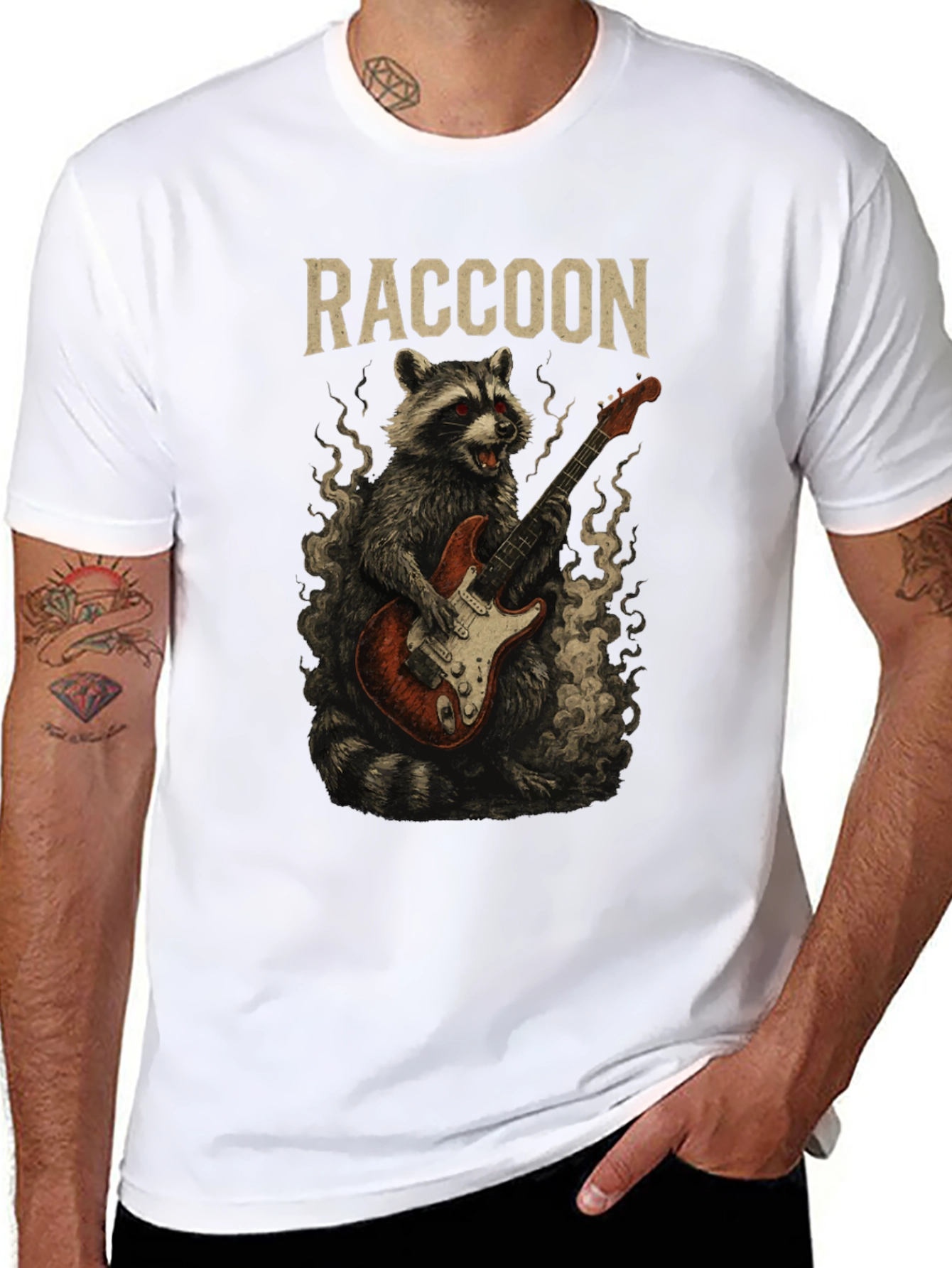 Raccoon Rocker T-Shirt - Guitar Playing Animal Tee