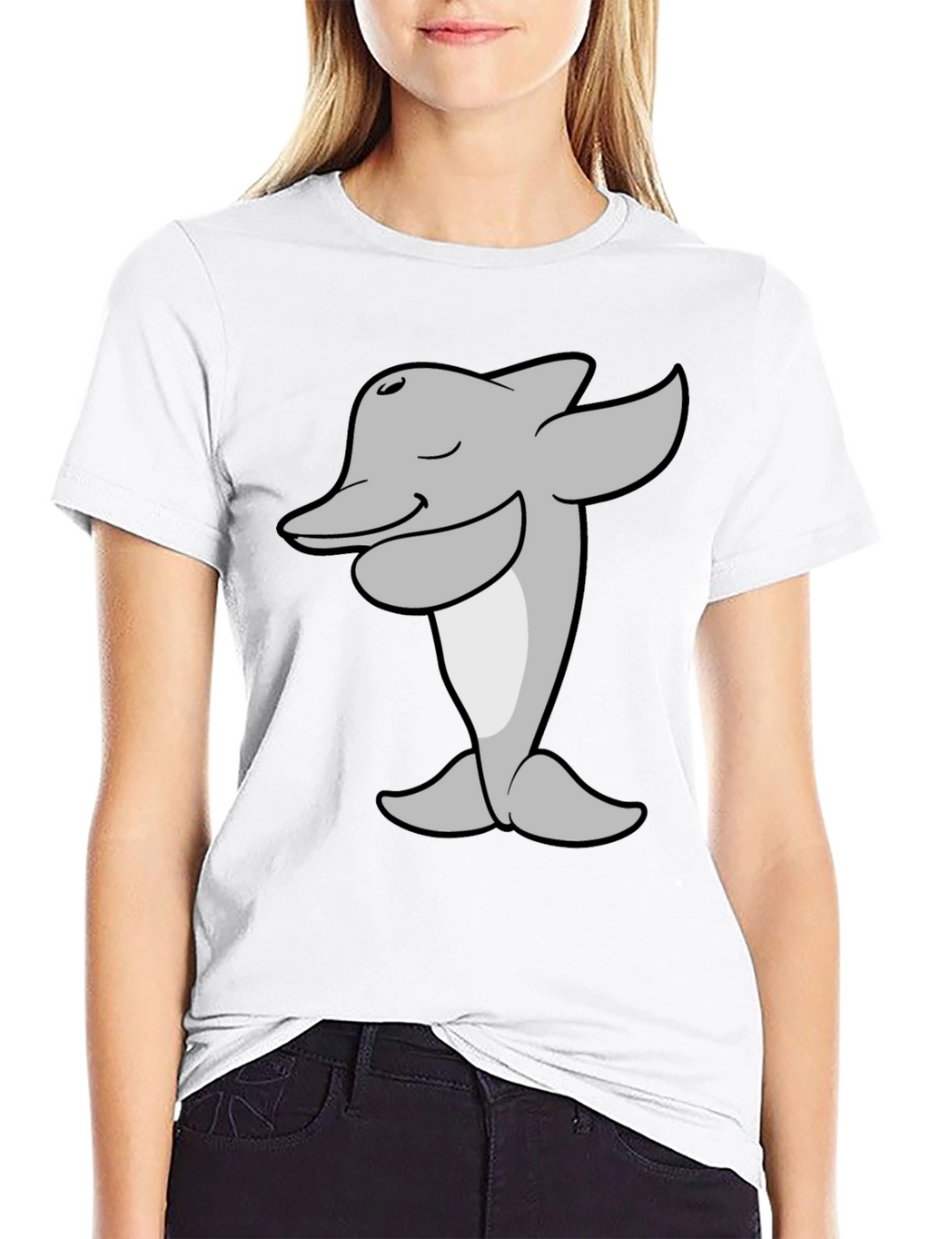 Cartoon Dolphin T-Shirt - Black Cotton Tee