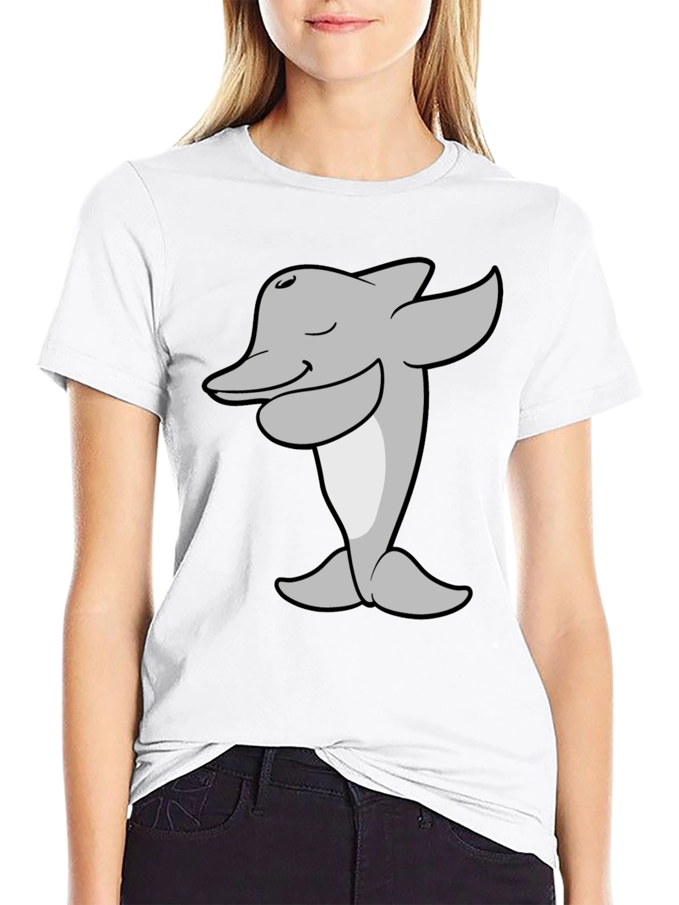 Cartoon Dolphin T-Shirt - Black Cotton Tee
