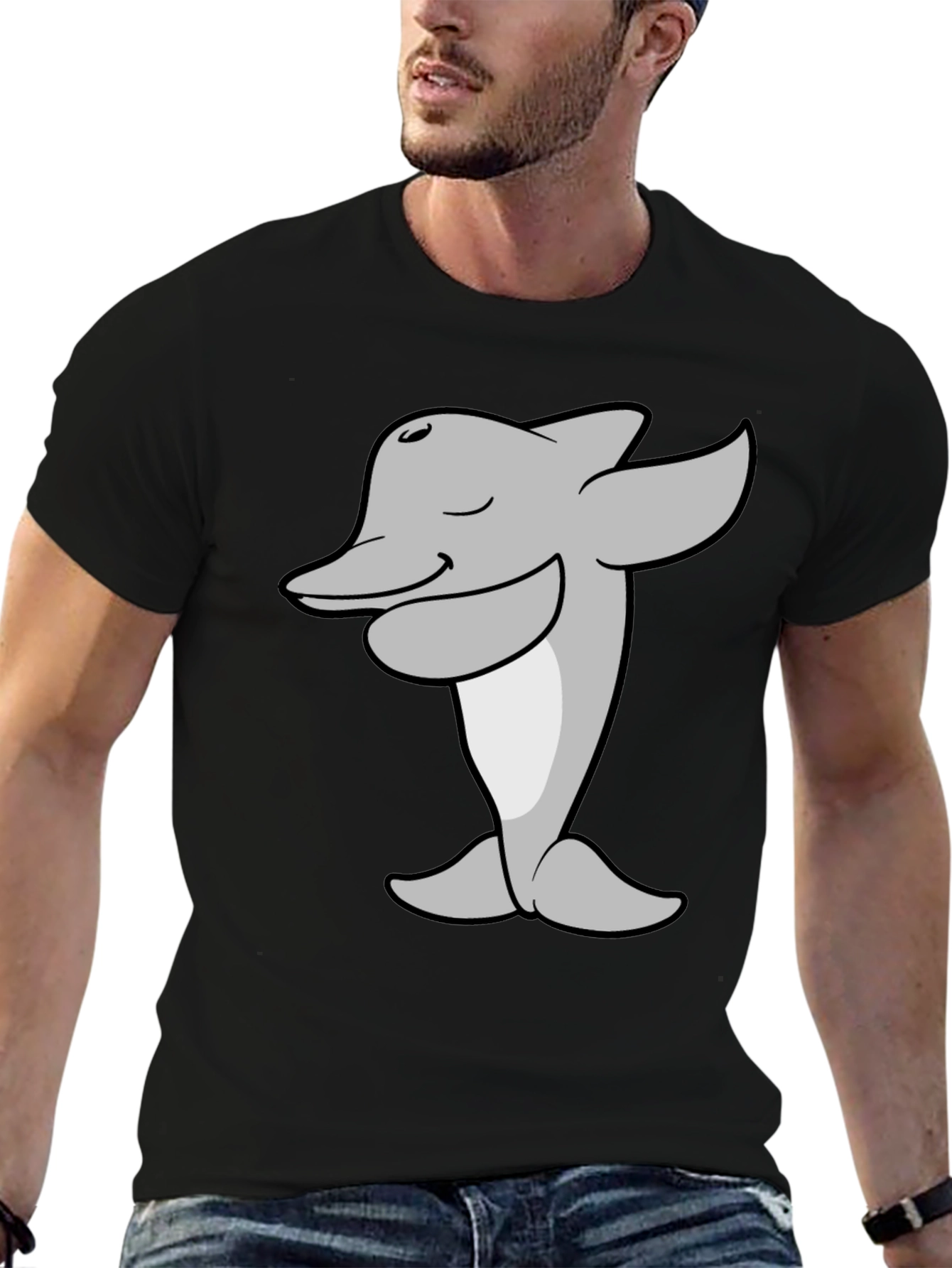 Cartoon Dolphin T-Shirt - Black Cotton Tee
