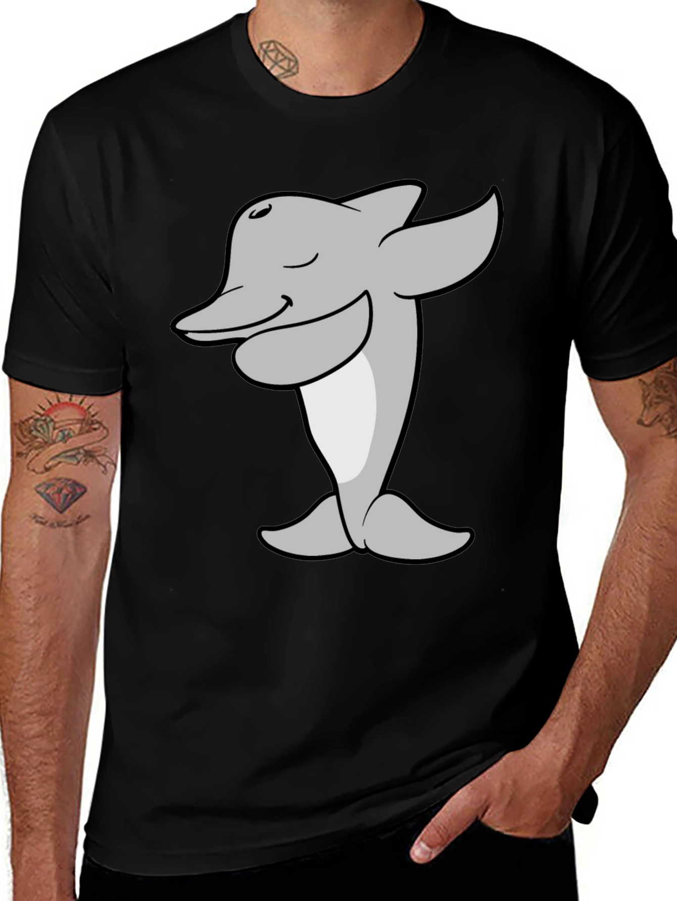 Cartoon Dolphin T-Shirt - Black Cotton Tee