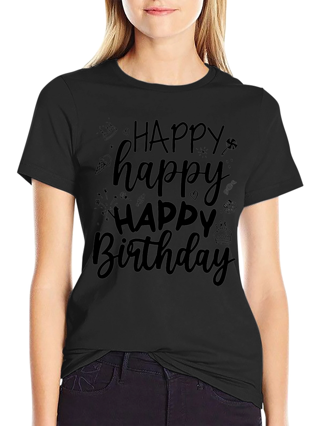 Happy Birthday T-Shirt - Black Crew Neck