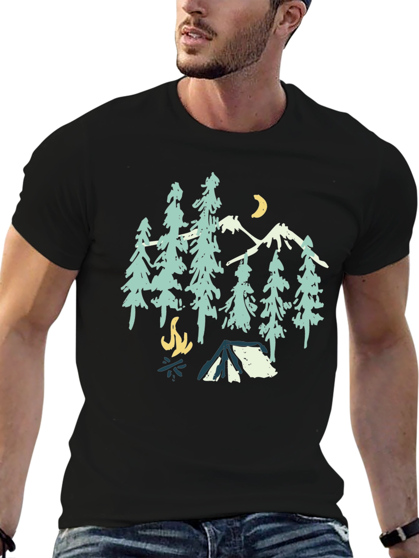 Camping Graphic Tee: Mountains Trees Campfire