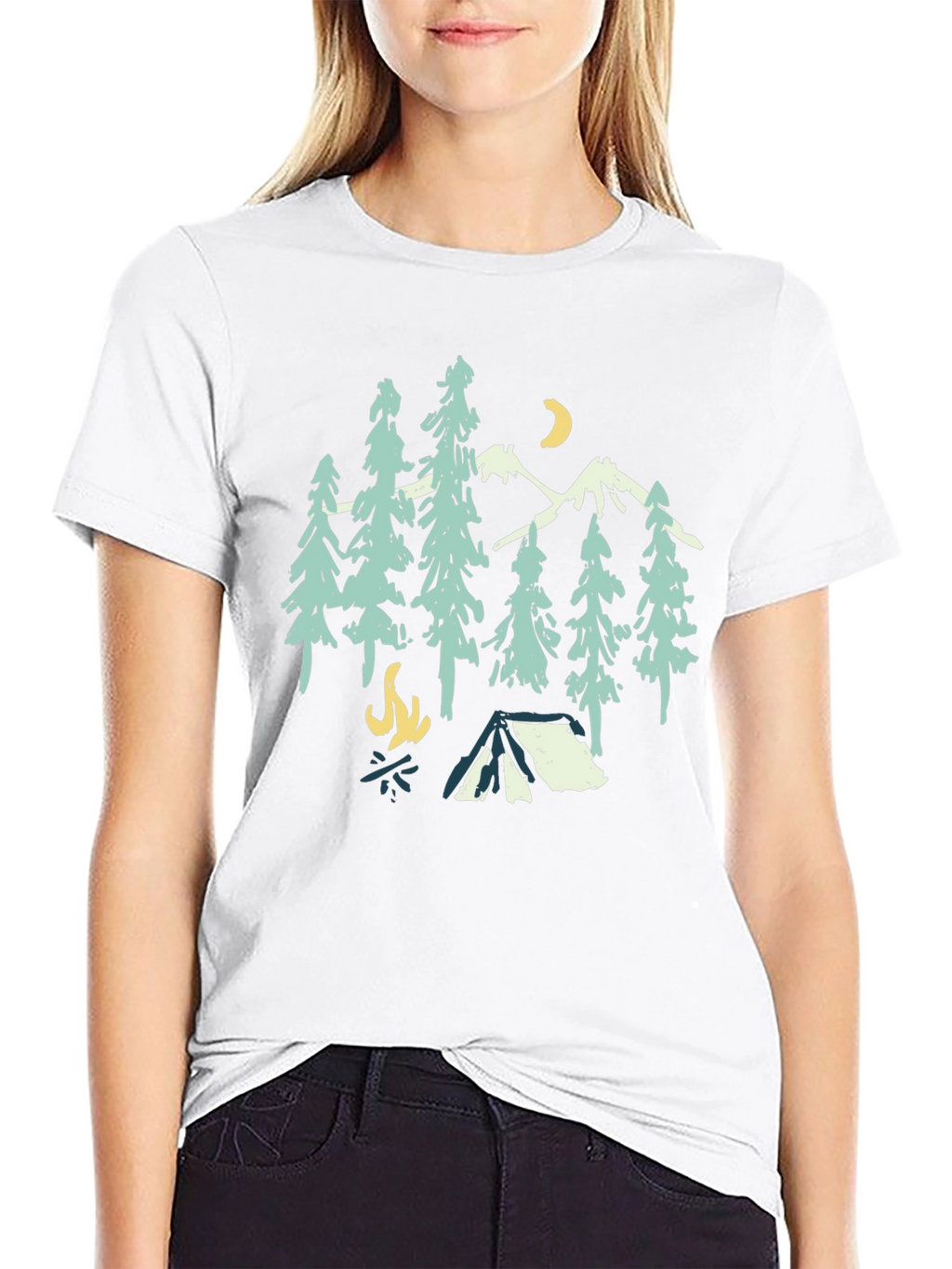 Camping Graphic Tee: Mountains Trees Campfire