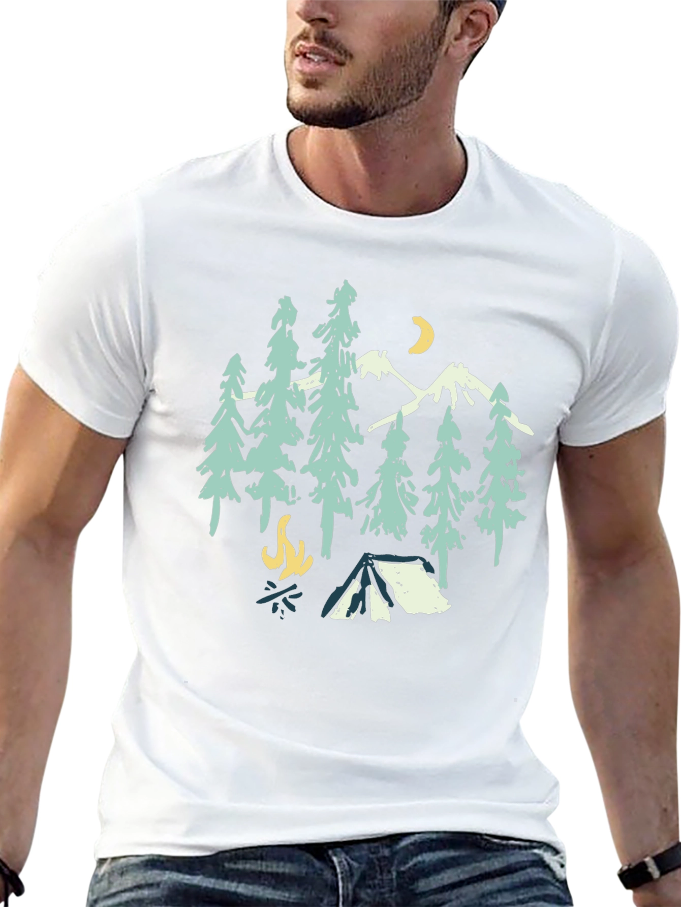 Camping Graphic Tee: Mountains Trees Campfire