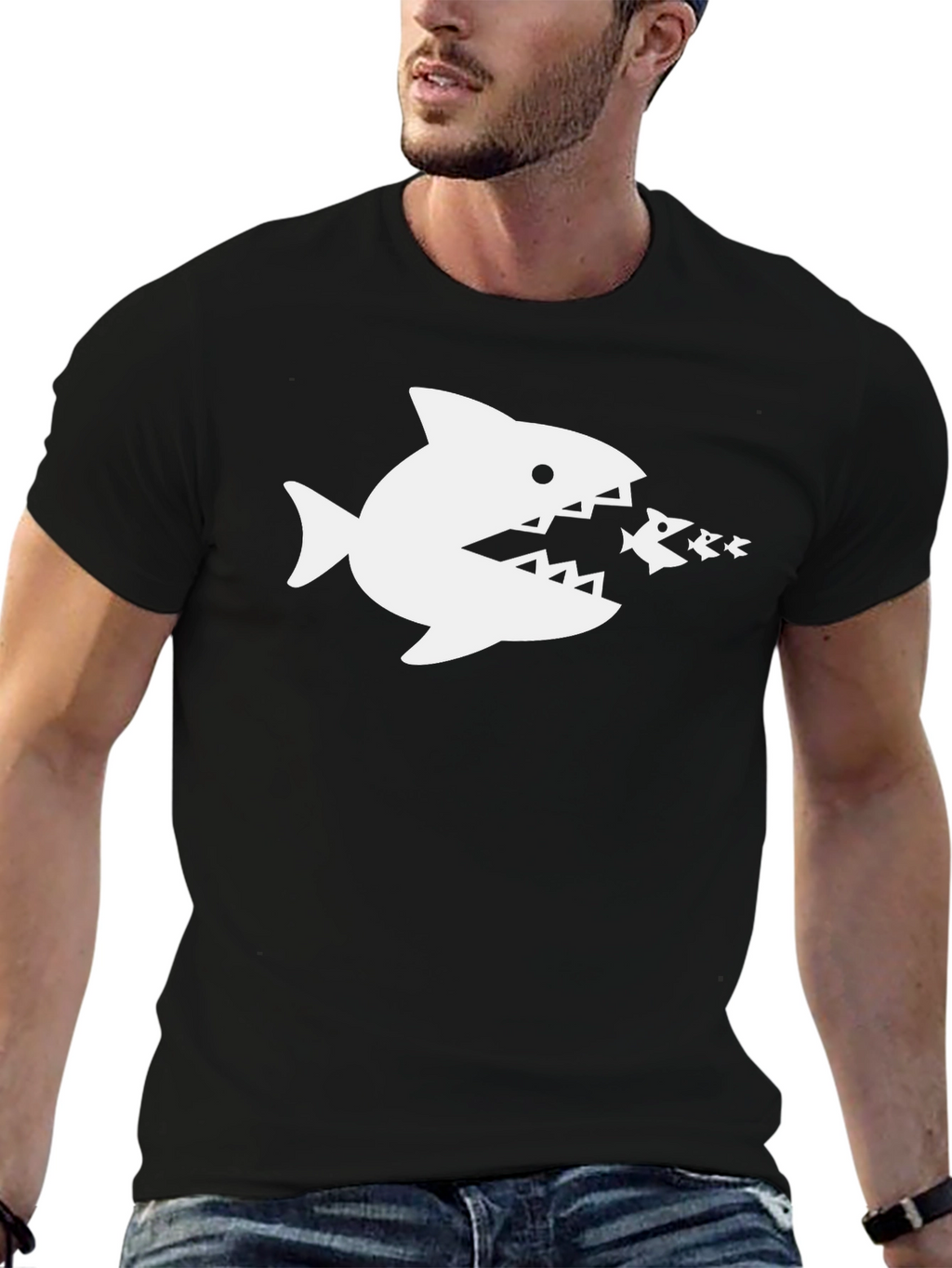 Shark Eats Fish Graphic T-Shirt - Black Cotton Tee
