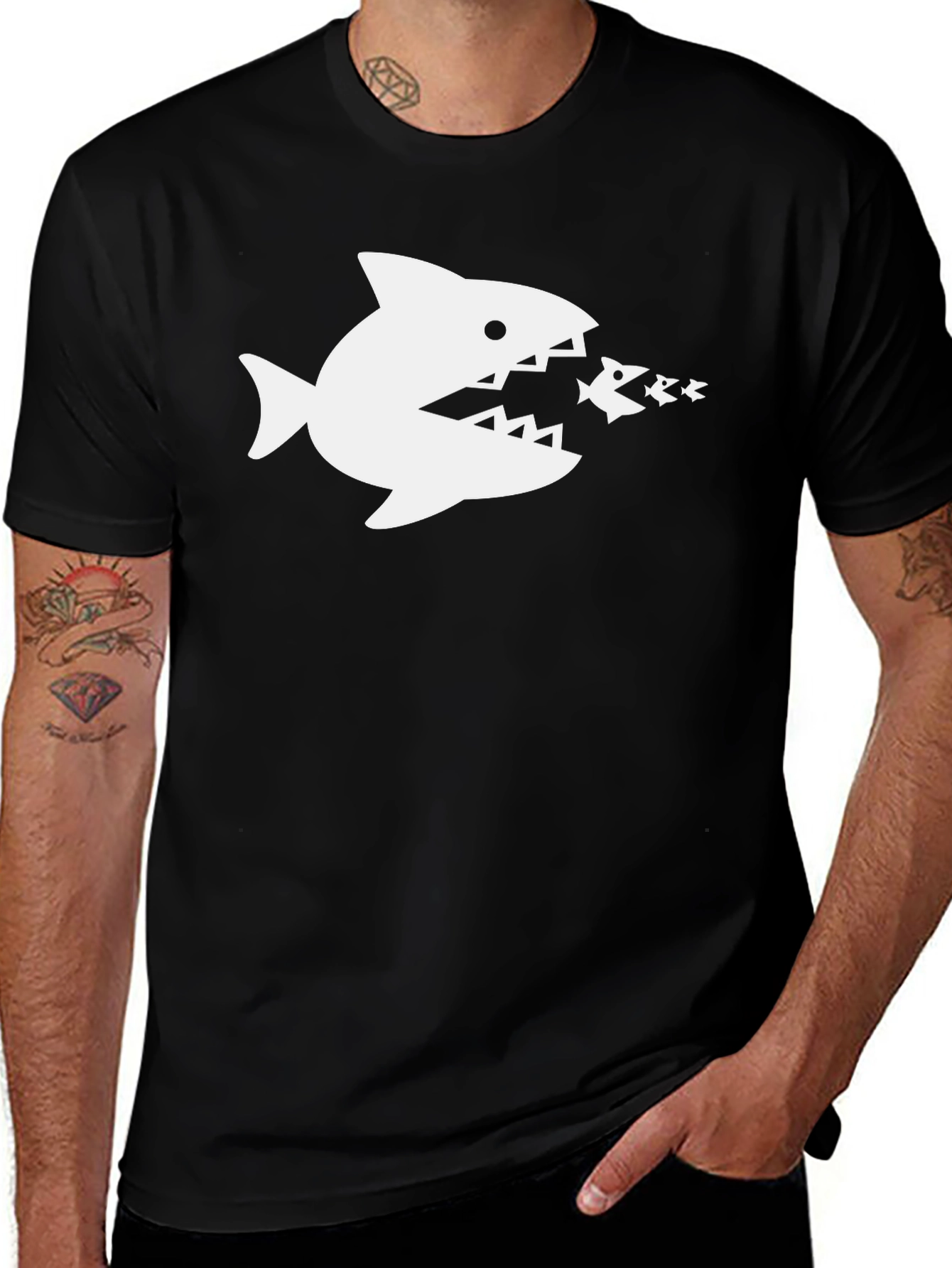 Shark Eats Fish Graphic T-Shirt - Black Cotton Tee