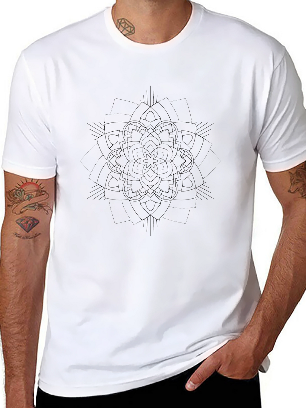 Mens Black Graphic Tee - Subtle Mandala Design