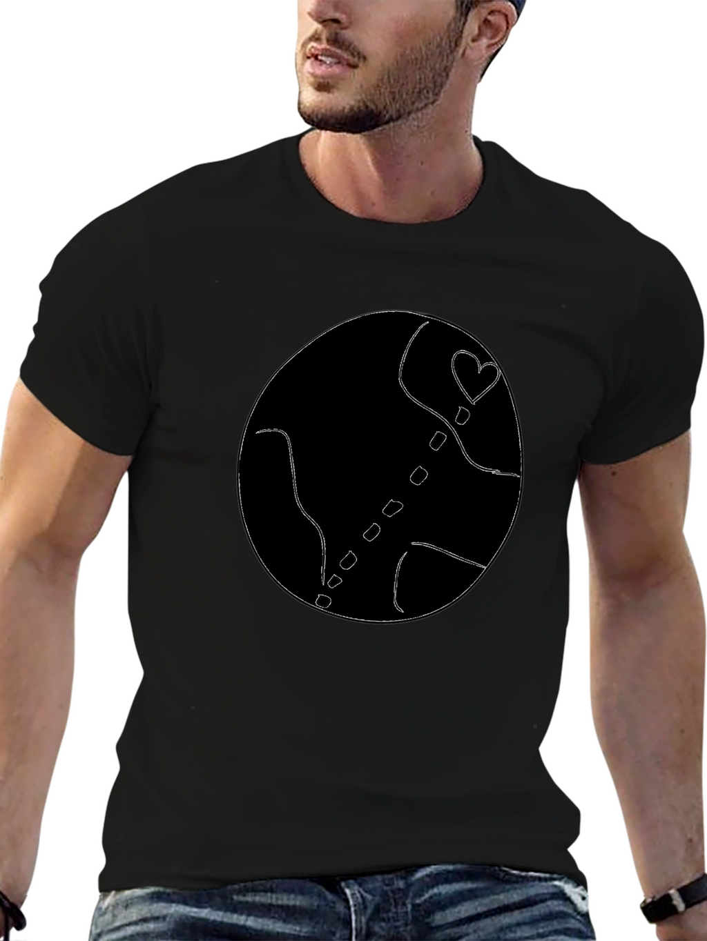 Black T-Shirt with Abstract Heart Globe Design