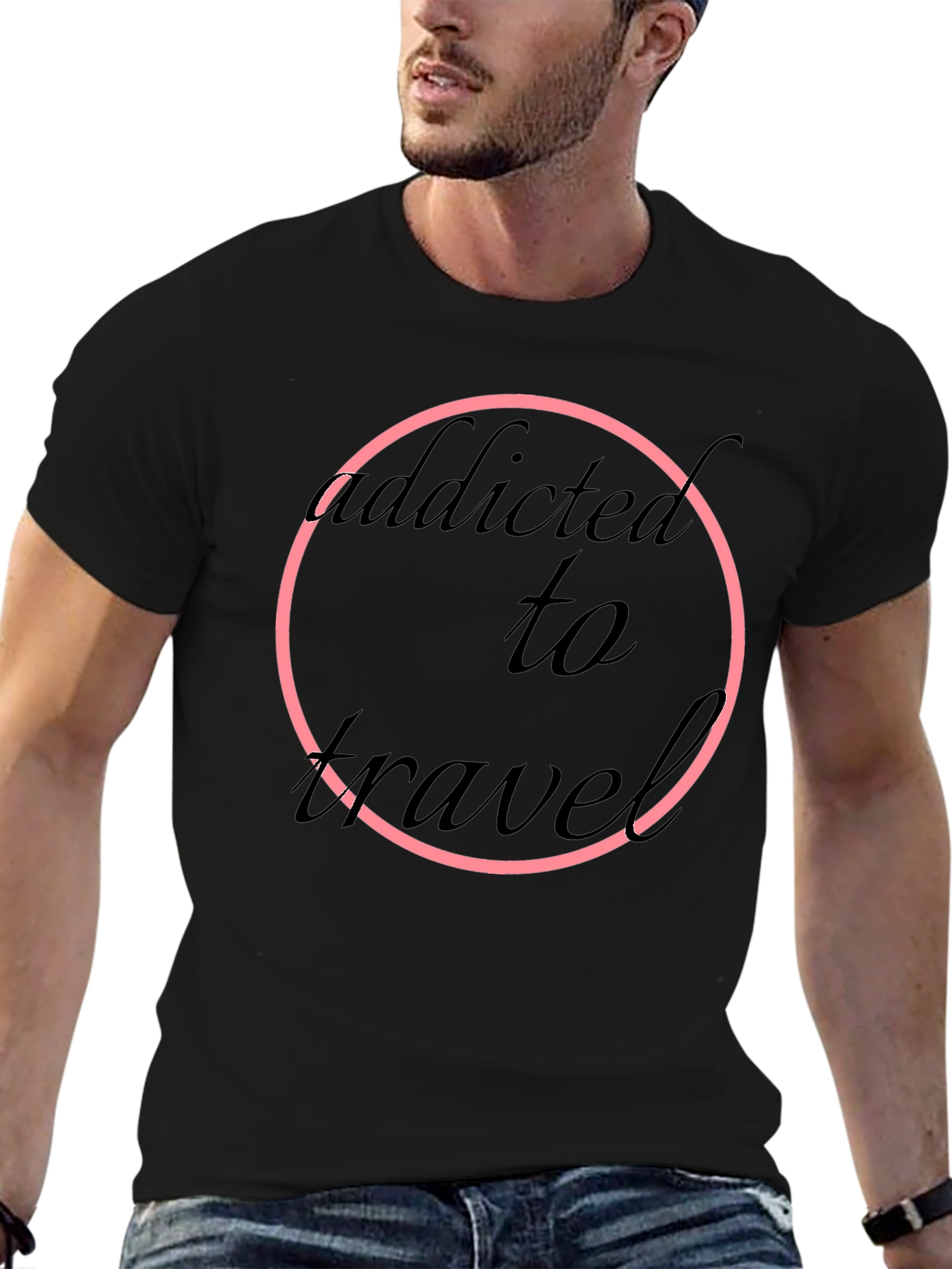 Addicted to Travel T-Shirt - Black Round Neck Short Sleeve
