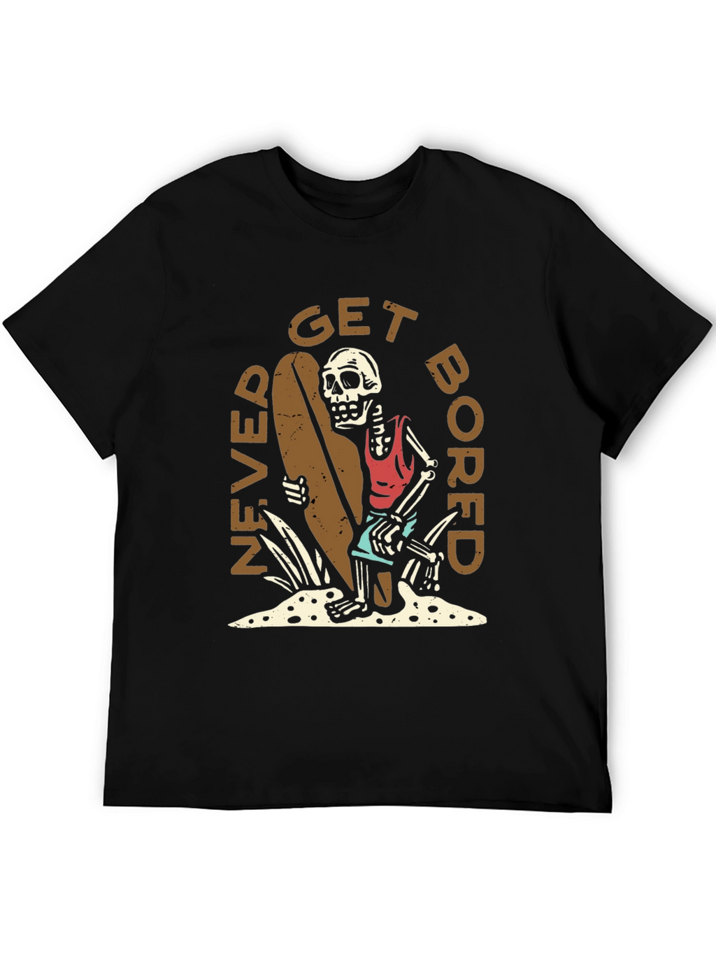 Never Get Bored Skeleton Surfer Graphic Tee