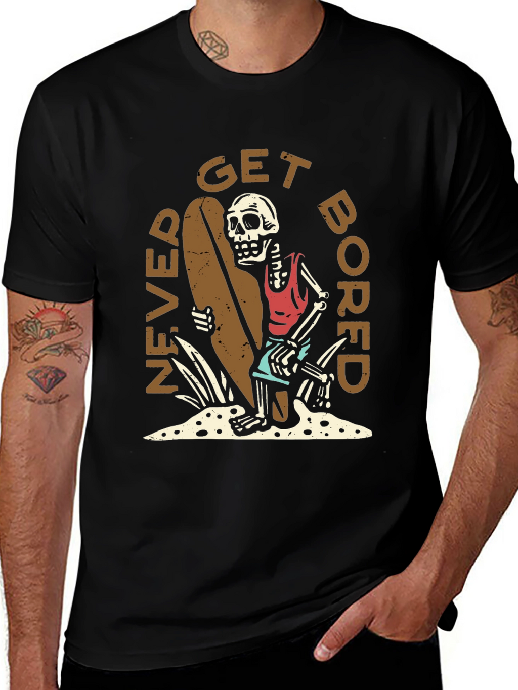 Never Get Bored Skeleton Surfer Graphic Tee