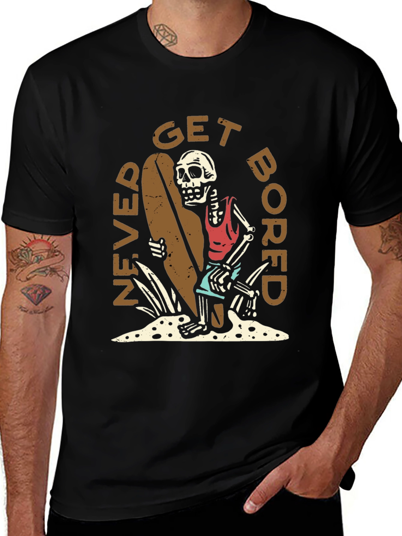 Never Get Bored Skeleton Surfer Graphic Tee