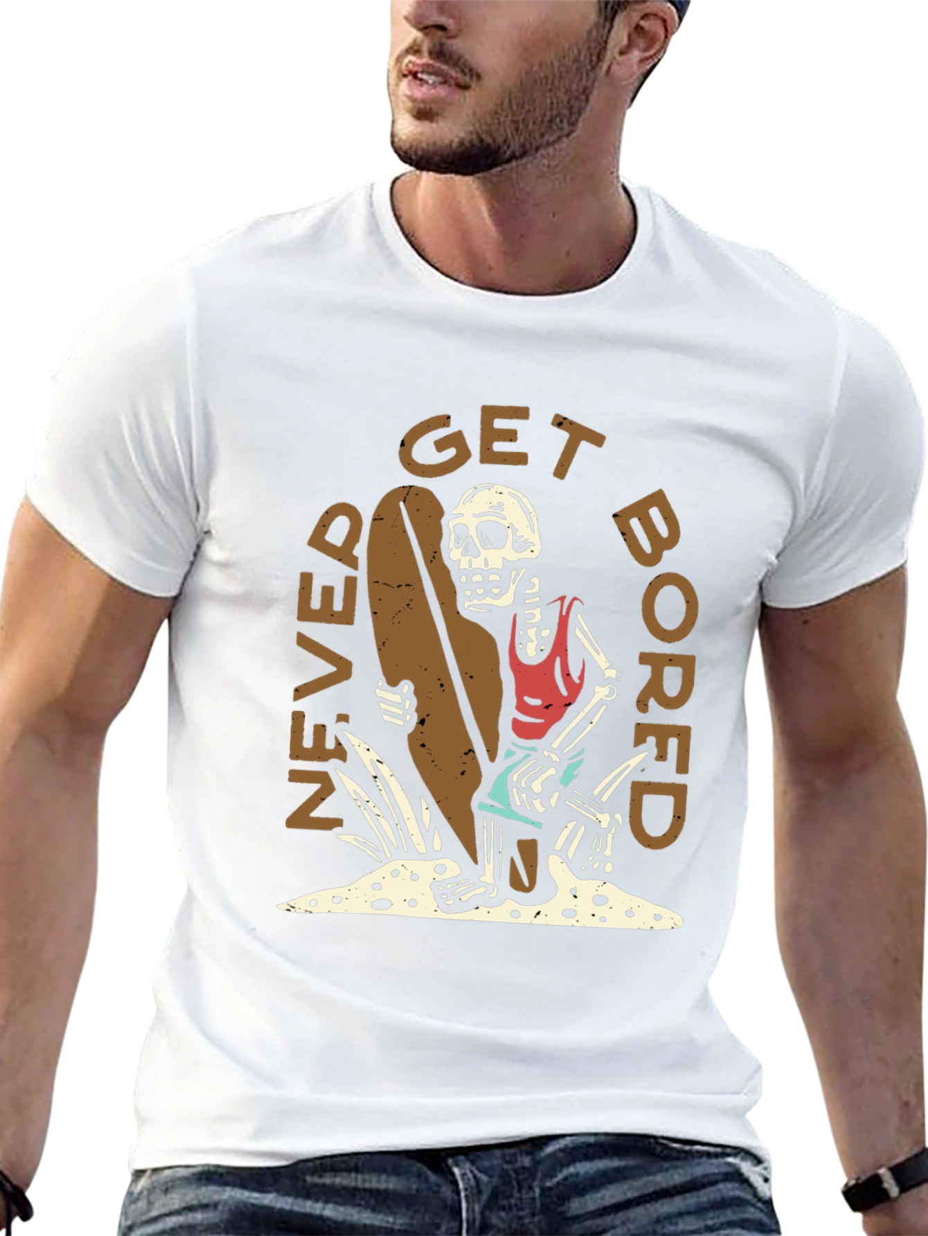 Never Get Bored Skeleton Surfer Graphic Tee