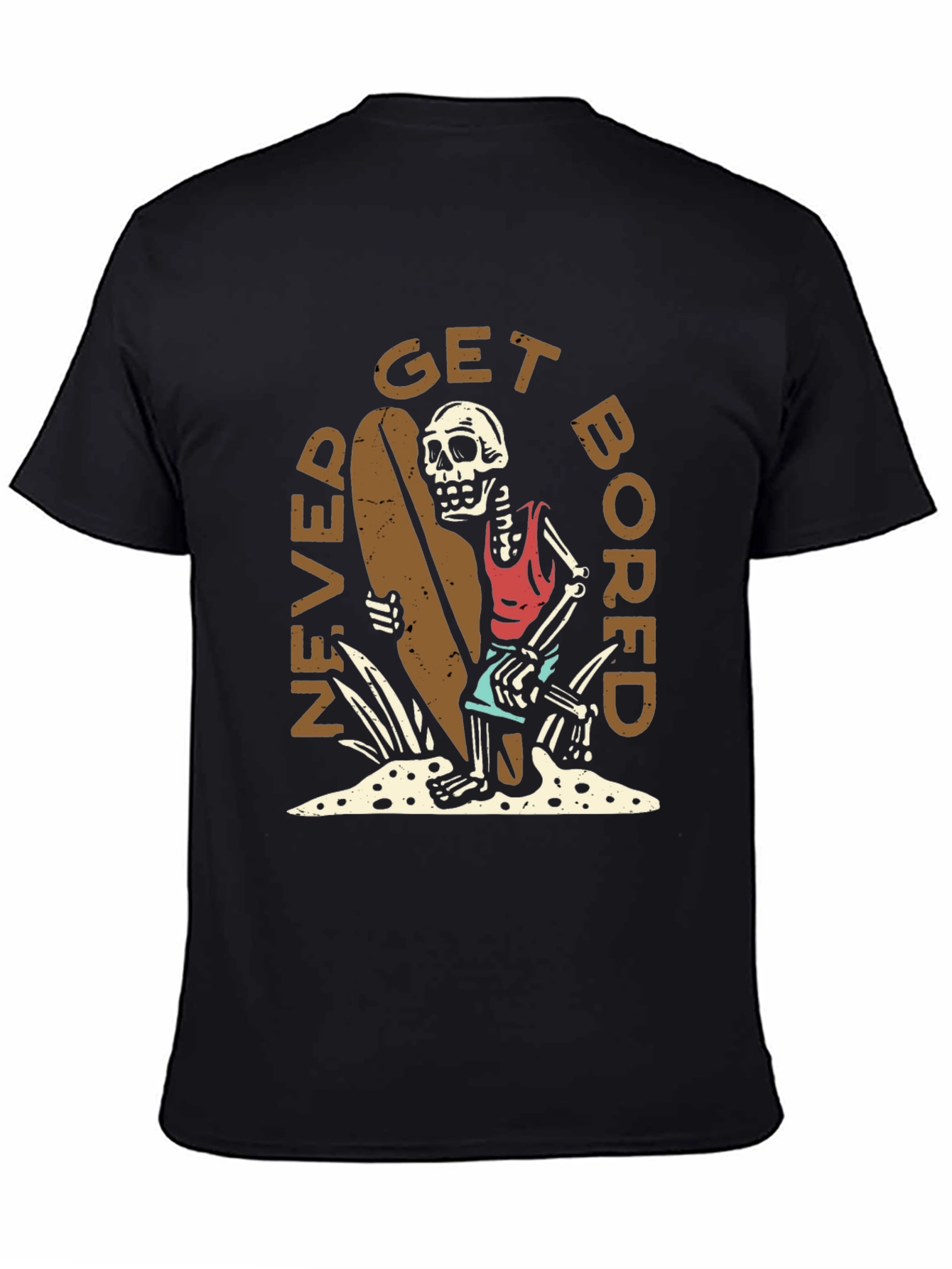 Never Get Bored Skeleton Surfer Graphic Tee