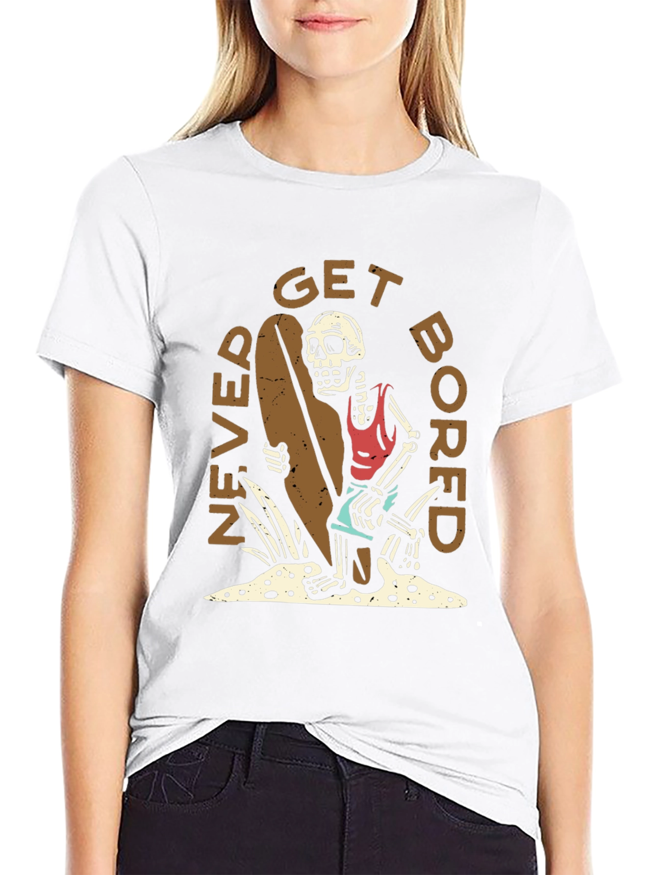 Never Get Bored Skeleton Surfer Graphic Tee