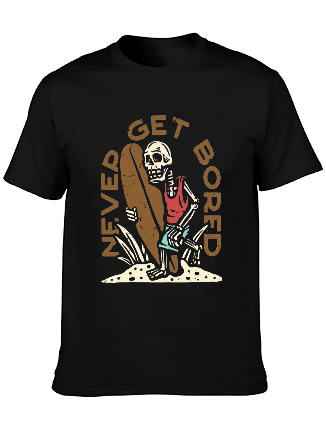 Never Get Bored Skeleton Surfer Graphic Tee