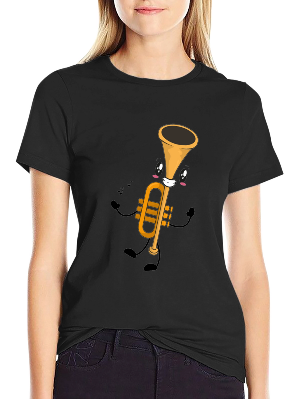 Cartoon Trumpet Graphic Tee - Black