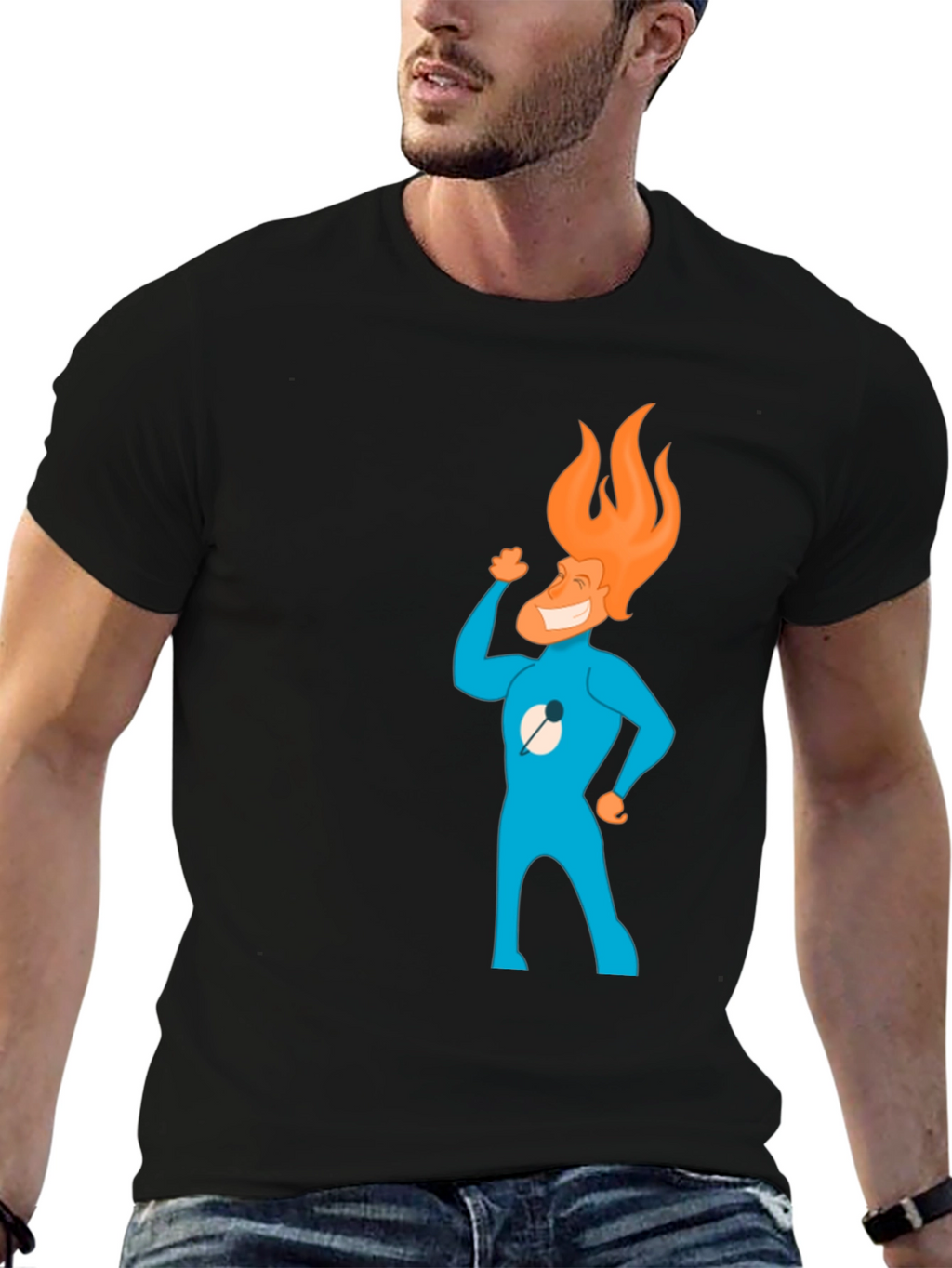 Flame Head Cartoon Graphic Black T-Shirt