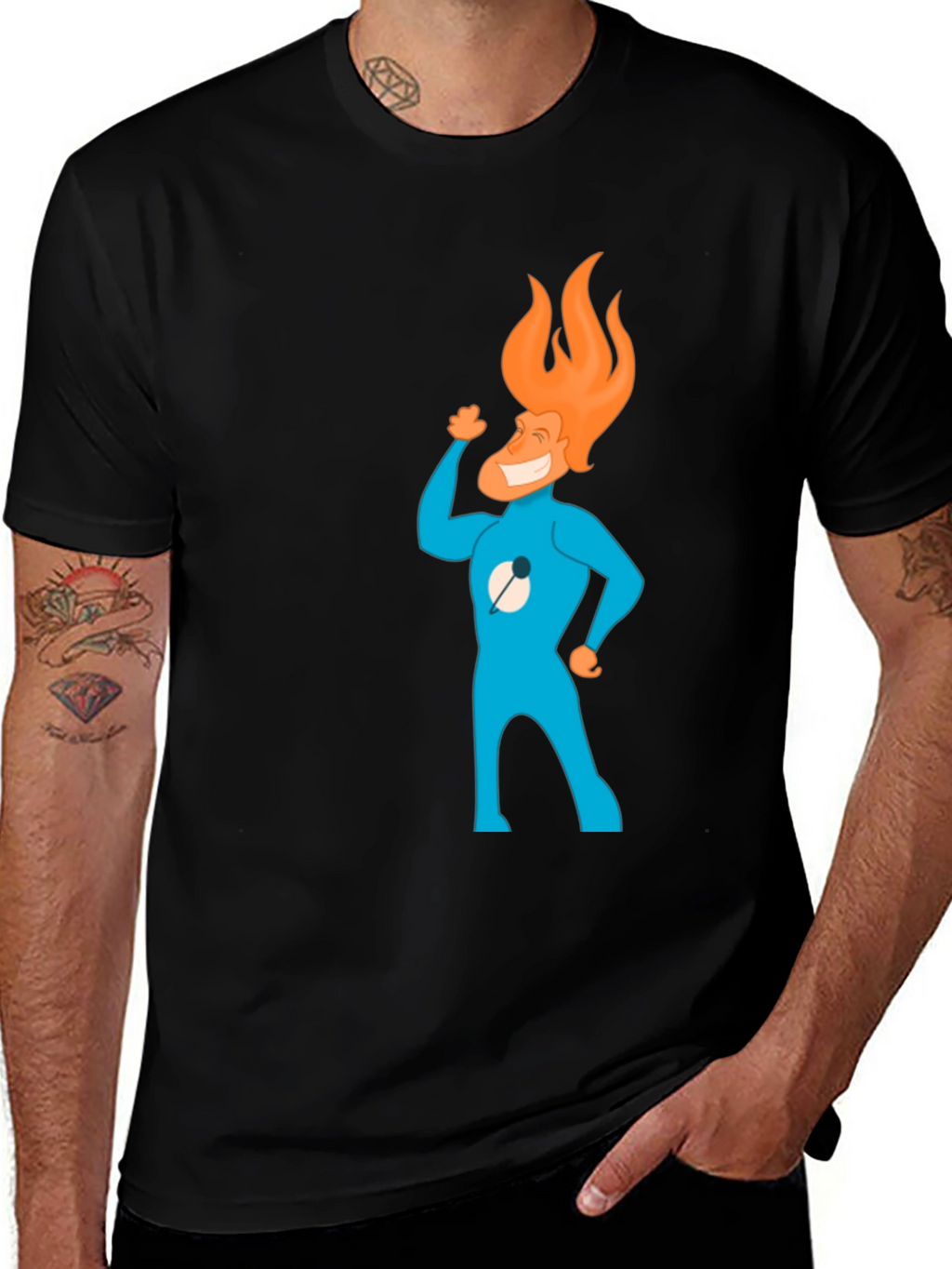 Flame Head Cartoon Graphic Black T-Shirt