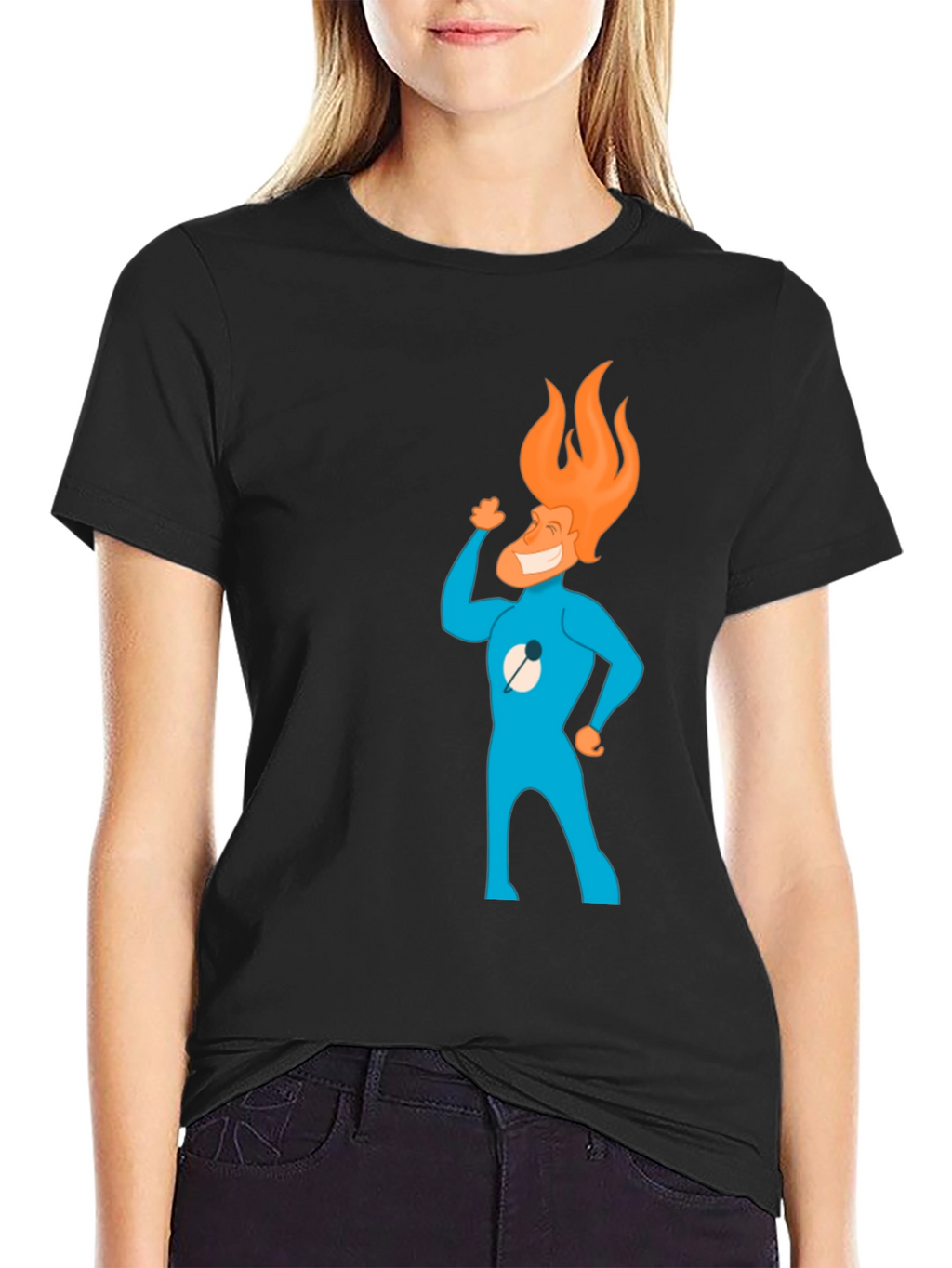 Flame Head Cartoon Graphic Black T-Shirt