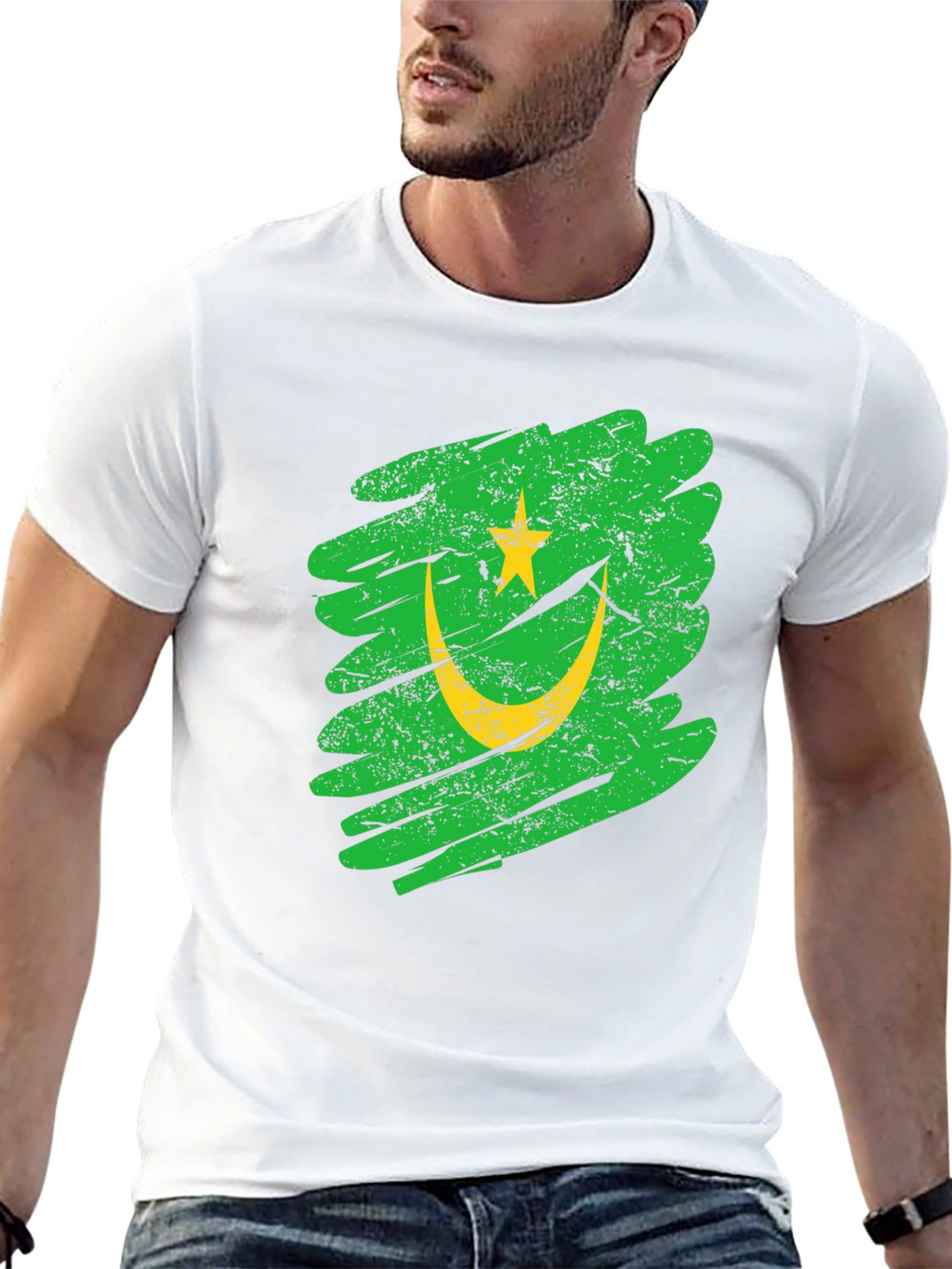 Mauritania Flag Grunge Style Black T-Shirt