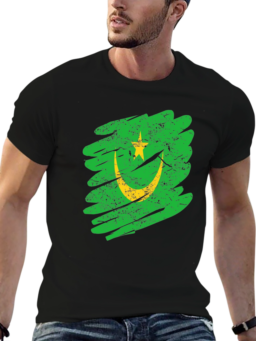 Mauritania Flag Grunge Style Black T-Shirt