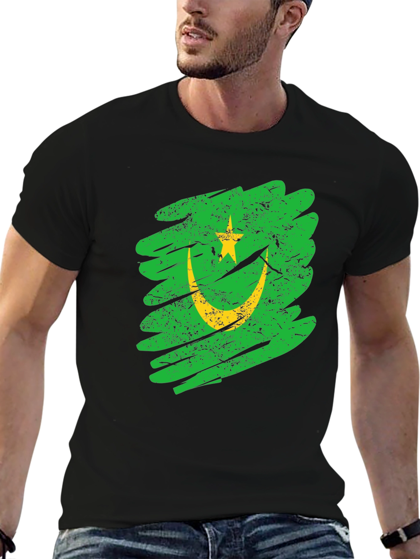 Mauritania Flag Grunge Style Black T-Shirt