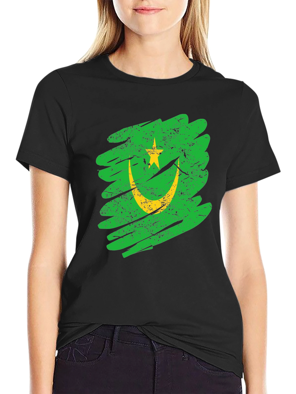 Mauritania Flag Grunge Style Black T-Shirt