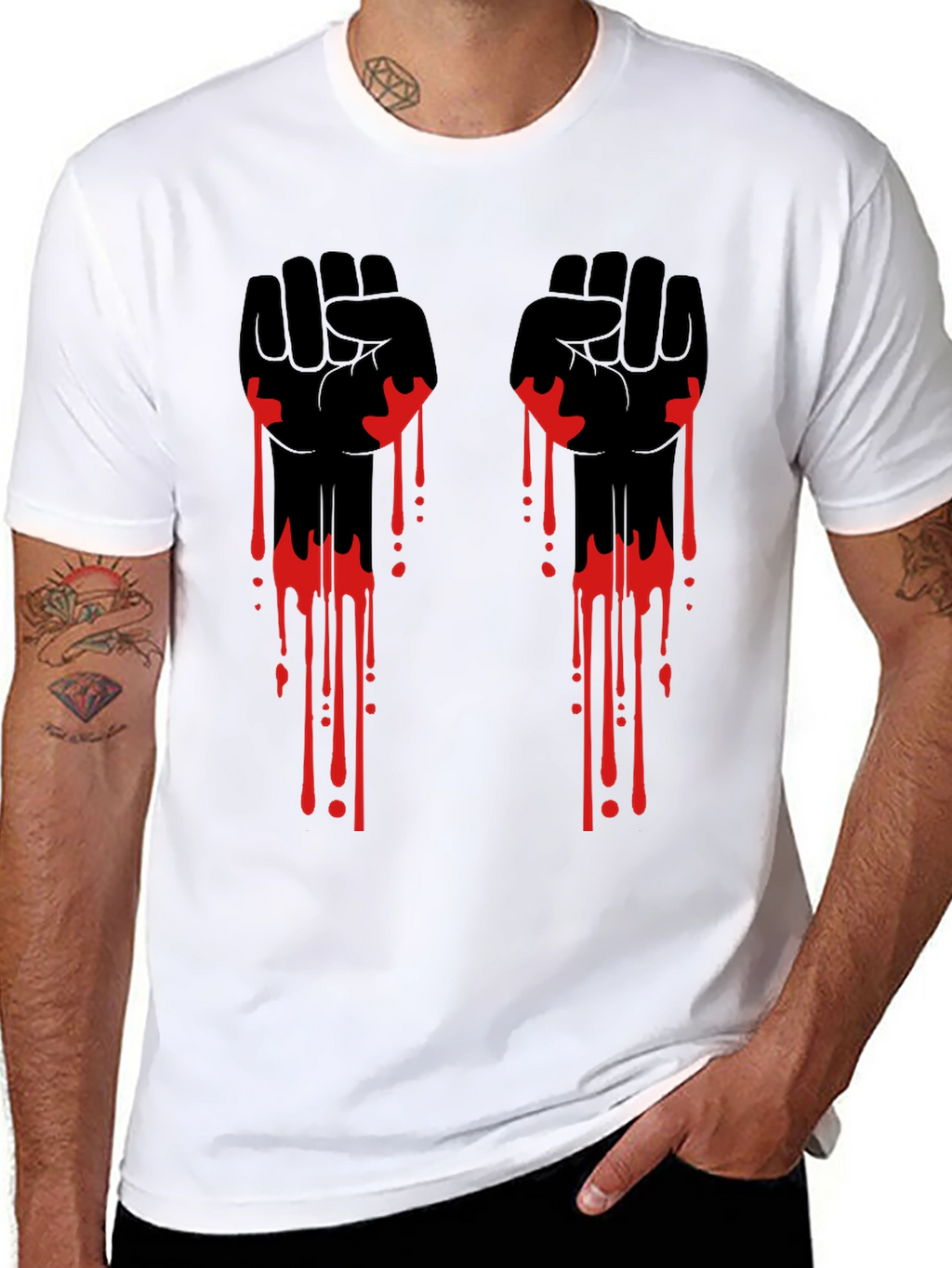 Graphic Black T-Shirt with Red Drip Fist Design