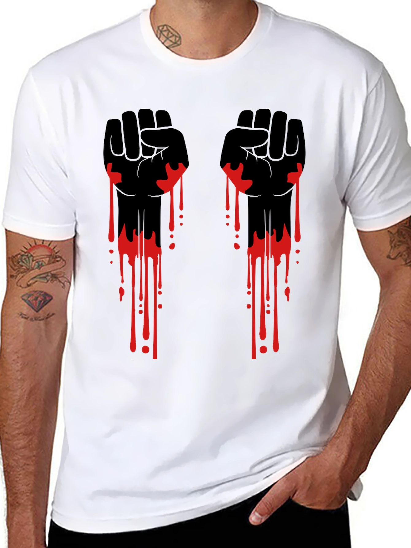 Graphic Black T-Shirt with Red Drip Fist Design